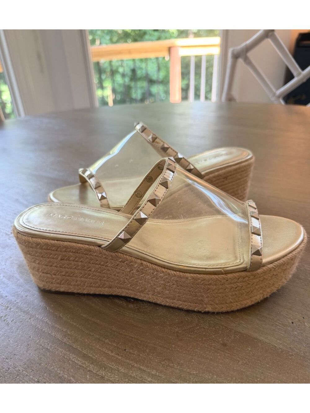 Marc Fisher Platform Espadrille Sandals Sz 8 Clear Rock Studded Summer Statement